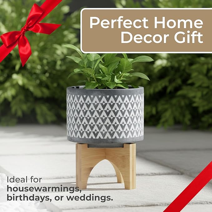 Aztec Decorative Planter Pot on Wooden Stand – Ceramic Stoneware Outdoor & Indoor Plant Pot with Gray Geometric Pattern – Modern Garden & Home Decor Ceramic Planters – 6", Gray