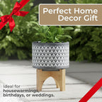 Aztec Decorative Planter Pot on Wooden Stand – Ceramic Stoneware Outdoor & Indoor Plant Pot with Gray Geometric Pattern – Modern Garden & Home Decor Ceramic Planters – 6", Gray