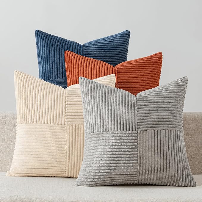MIULEE Blue Rust Throw Pillow Covers 18x18 Inch Set of 4 Boho Farmhouse Cushion Cases Soft Corduroy Nordic Corduroy Pillow Cases Patchwork Home Decor for Couch Sofa Bedroom