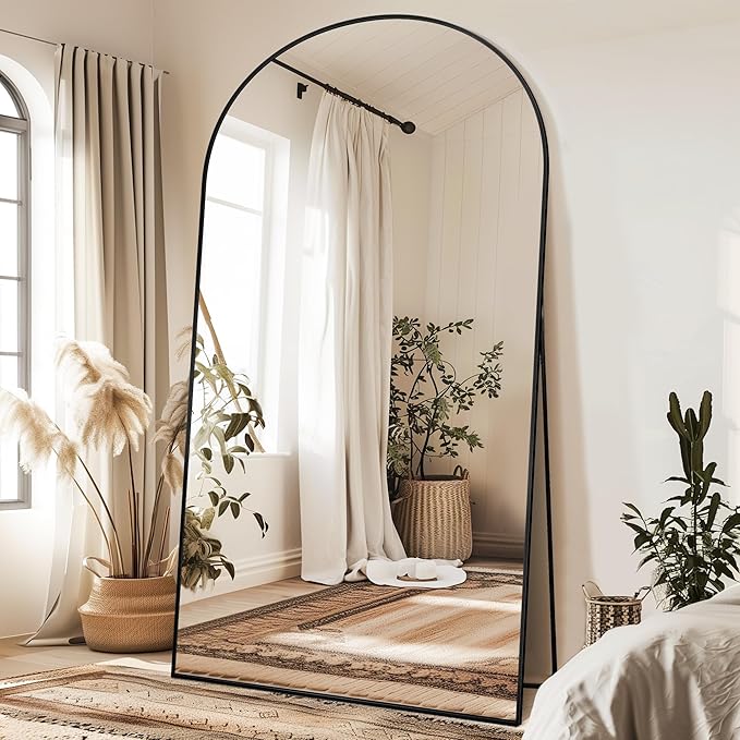Antok 91" x46” Arched Full Length Floor Mirror, Black Aluminum Frame, Free Standing/Wall Mount/Leaning for Bedroom, Living Room, Dressing Room