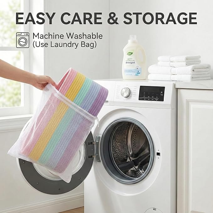 115L Extra Large Blanket Basket for Living Room - Woven Cotton Rope Laundry Hamper with Reinforced Handles - Storage Bin for Pillows, Comforters & Toys - Machine Washable,Rainbow