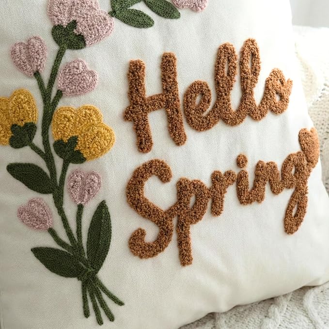 Hello Spring Tufted Pillow Cover with Embroidered Wild Flowers, Textured Floral Botanical Canvas Throw Pillow Case for Boho Easter Family Welcoming Decoration, 18x18 inches, 1PCS (Cover Only)
