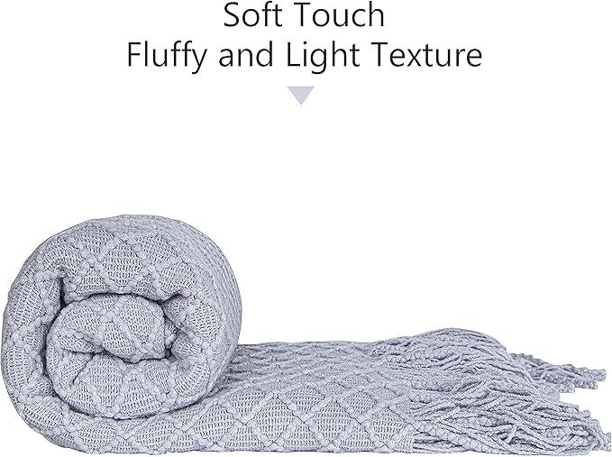 NTBAY Acrylic Knitted Throw Blanket, Lightweight and Soft Cozy Decorative Woven Blanket with Tassels for Travel, Couch, Bed, Sofa, 51x67 Inches, Light Grey Checkered