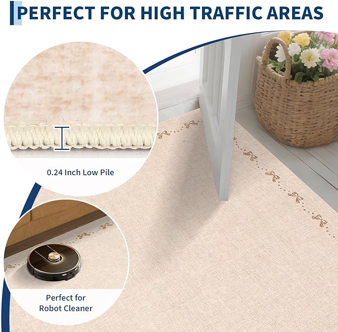 GarveeHome Washable Area Rugs 8x10 Bow Neutral Beige Rug Non Slip Living Room Rug Soft Rugs for Bedroom Low Pile Stain Resistant Carpet for Nursery Dining Room Playroom, Beige