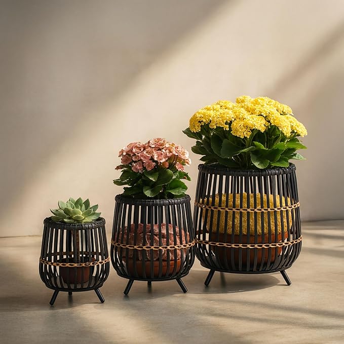 Set of 3 Woven Basket Decorative Planter Pot with Short Legs – Bamboo & Rattan Outdoor & Indoor Plant Pot – Modern Garden & Home Decor Planters – 13", 17", & 19", Black