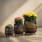Set of 3 Woven Basket Decorative Planter Pot with Short Legs – Bamboo & Rattan Outdoor & Indoor Plant Pot – Modern Garden & Home Decor Planters – 13", 17", & 19", Black
