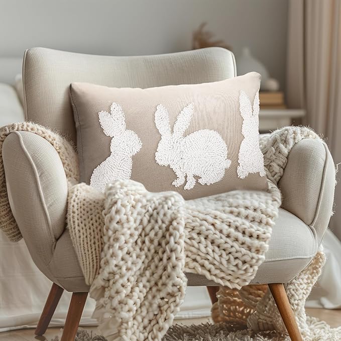Mixweer Easter Pillow Covers 12 x 20 Inch Bunny Pillow Covers Neutral Easter Bunny Decor Neutral Tufted Embroidery Decorative for Home Living Room Bed Decor