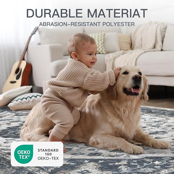 5x7 Vintage Washable Area Rug for Living Room,Low Pile Non Slip Carpet Non-Shedding Area Rug Soft Indoor Stain Resistant Rug Floral Print Mat for Bedroom Dining Room Blue Beige