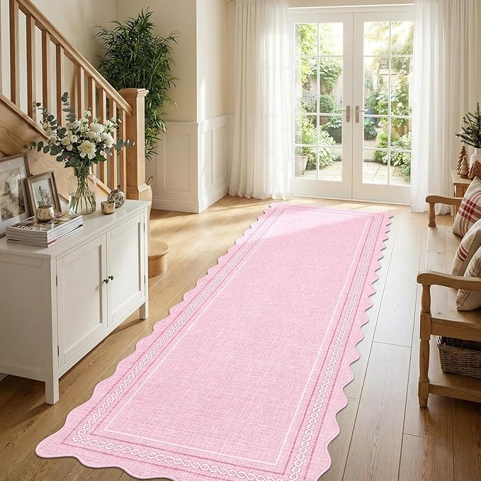 GarveeHome Scalloped Washable Rugs 2x6 Hallway Runner Non Slip Kitchen Rugs Soft Non Shedding Low Pile Entryway Rug Stain Resistant Carpet for Bath Laundry Room, Pink