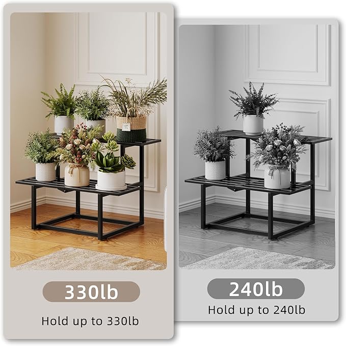 Plant Stand Indoor Outdoor, Foldable Metal Plant Shelf for Multiple Pots, Mid Century Slatted Bench for Patio Garden, Heavy Duty Capacity 330 lbs 2 Tier Black