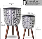 2 Set Plant Pot with Stand 10 & 12 inches, Mid-Century Large Planter with Legs for Indoor Plants, Boho Print Standing Plant Pot with Drainage Plug for Monstera, Herb, Succulent Flower Pot