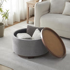 30 Inch Round Storage Ottoman Coffee Table, Modern Boucle Ottoman with Lift-Off Lid and Solid Wood Legs for Living Room, Bedroom, Corners, Apartments (Light Grey)