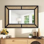 Rattan Mirror for Wall Decor Bohemian Rectangular Large Mirror 35.5" x 23.6", Farmhouse Decorative Wall-Mounted Mirrors, Hanging Mirrors, Woven Wicker, Black Wood Frame