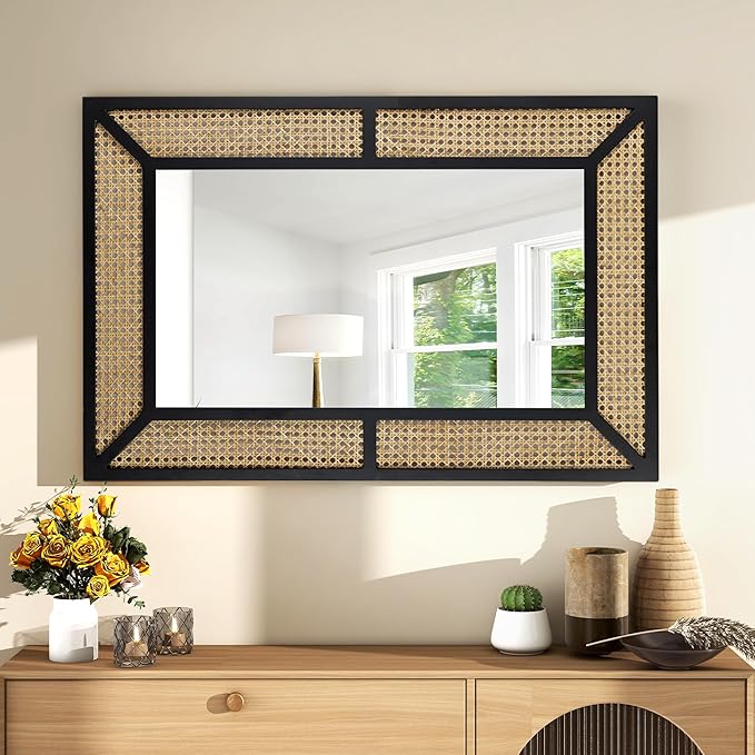 Rattan Mirror for Wall Decor Bohemian Rectangular Large Mirror 35.5" x 23.6", Farmhouse Decorative Wall-Mounted Mirrors, Hanging Mirrors, Woven Wicker, Black Wood Frame