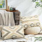 Merrycolor White Grey Boho Throw Pillow Covers 12x20 with Tassels Tufted DecorativeThrow Pillows Neutral Accent Pillowcase Farmhouse Square Cushion Covers for Couch Sofa Bedroom Living Room