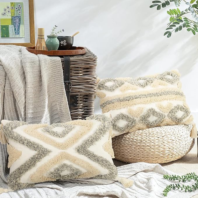 Merrycolor White Grey Boho Throw Pillow Covers 12x20 with Tassels Tufted DecorativeThrow Pillows Neutral Accent Pillowcase Farmhouse Square Cushion Covers for Couch Sofa Bedroom Living Room