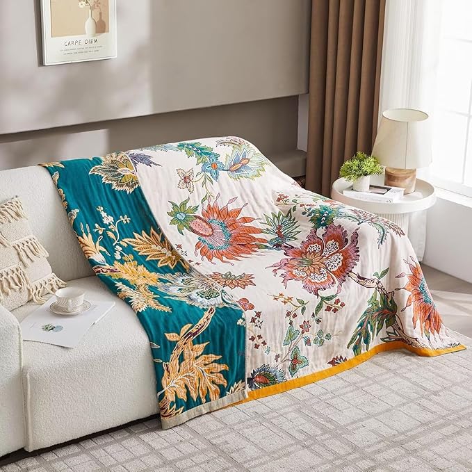 Boho Blanket for Bed 100% Cotton Bohemian Throw Blankets Ultra Soft Woven Muslin Decorative Blankets All Seasons Vintage Quilt Knitted Blanket for Sofa Chair Beige 50"x60"