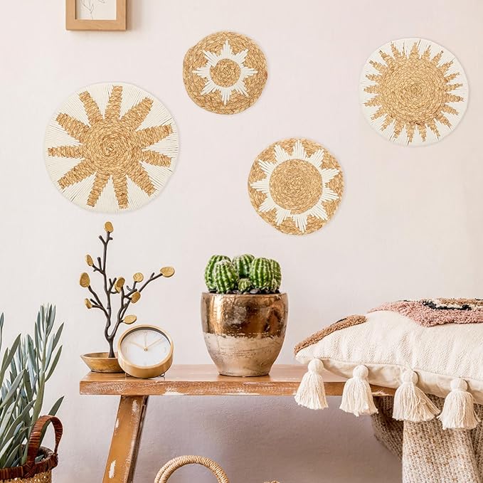 4 Pack Boho Wall Basket Decor Set, Hanging Woven Gourd Grass Rattan Wicker Boho Wall Decor, Round Farmhouse Wall Hanging Baskets Rustic Flat Wall Art for Living Room Bedroom Kitchen (Style 11)