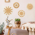 4 Pack Boho Wall Basket Decor Set, Hanging Woven Gourd Grass Rattan Wicker Boho Wall Decor, Round Farmhouse Wall Hanging Baskets Rustic Flat Wall Art for Living Room Bedroom Kitchen (Style 11)