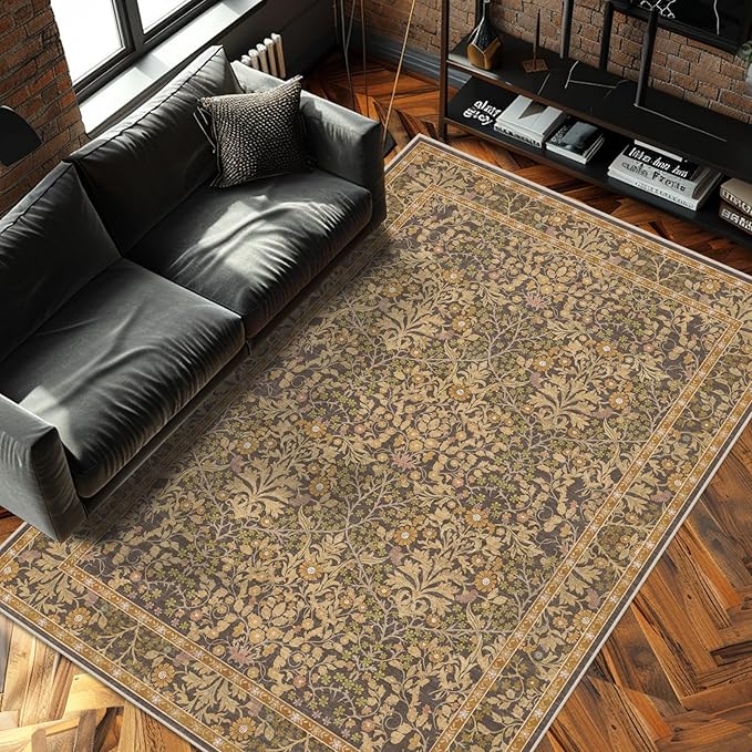 6x9 Washable Area Rugs for Living Room, Stain Resistant Vintage Rugs for Dining Room Under Kitchen Table, Bedroom, Floral Low Pile Non-Slip Large Carpet (6 x 9 Goldenrod)