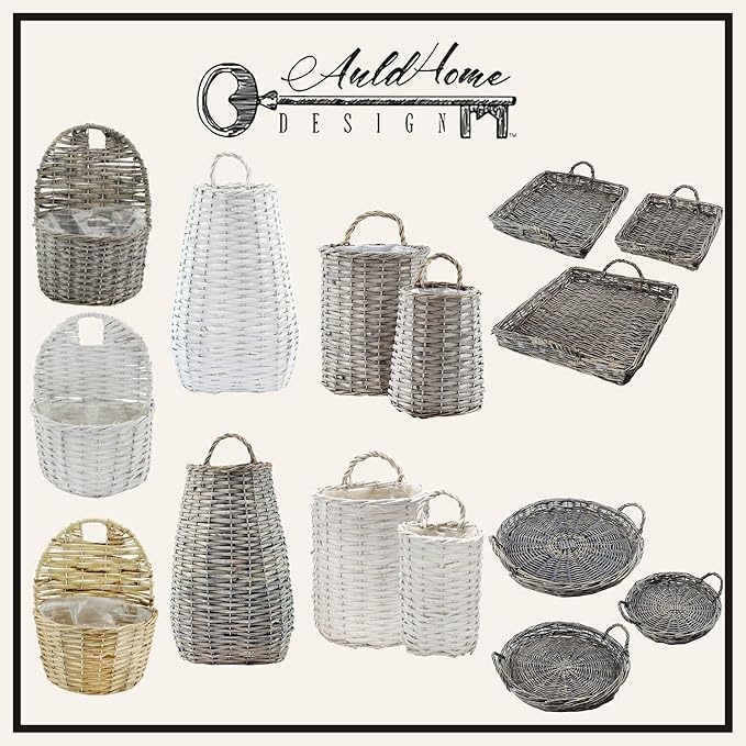 AuldHome Design Wall Hanging Baskets (White, Set of 2); Woven WIcker Rustic Farmhouse White Washed Door Baskets, Small and Medium Size (Pack of 2)