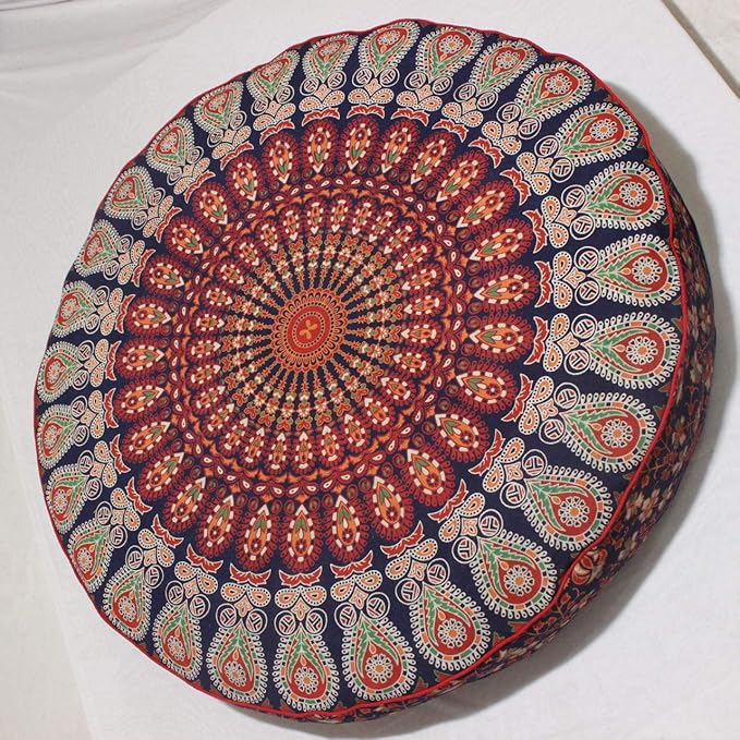 Indian Mandala Large Floor Pillow Home Car Bed Sofa Decor Cotton Floor Cushion Bohemian Meditation Pillow Case Ottoman Pouf Cover 35 x 35 Round Pouf, Decorative Mandala Pillow Sham