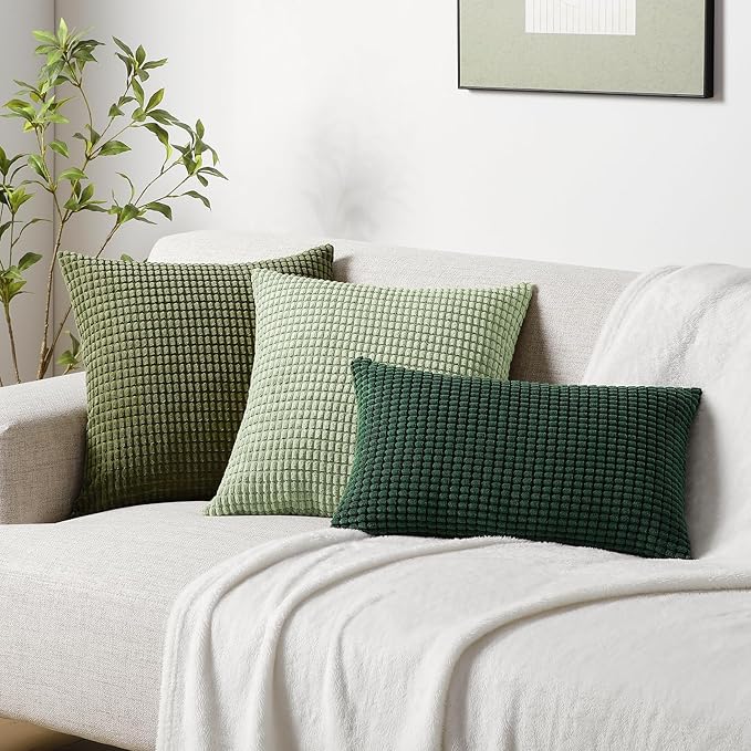 Softalker Throw Pillow Covers 16x16 Inch, Set of 2, Soft Corduroy Boho Stripe Decorative Pillow Cover, Couch Fluffy Pillow Cover for Farmhouse Home Decor Bed Living Room, Olive Green
