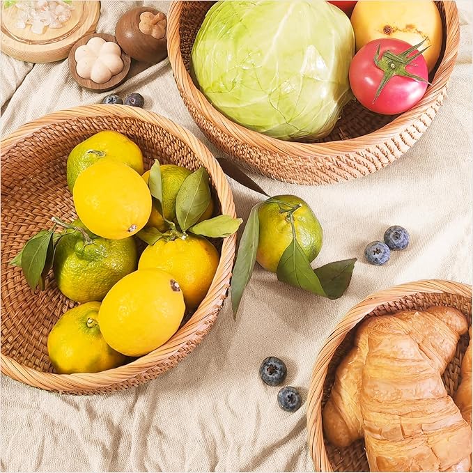 8" Round Small Wicker Basket, Artisanal Rattan Fruit Basket, Key Bowl for Entryway Table, Decorative Bowl for Kitchen Counter, Bedside, Living Room, Natural Woven Fruit Bowl, Purse Bowl, Bread Basket