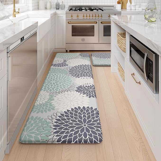 Anti Fatigue Kitchen Mats,Non Slip Boho Dahlia Kitchen Rugs Sets 2 Piece,Waterproof Farmhouse Kitchen Mat for Floor,Cushioned Standing Mat for Office,Laundry,Sink,Desk,Mutil-Cyan