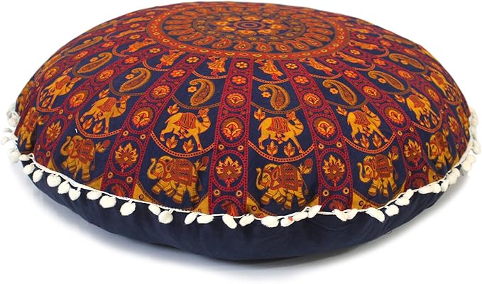 Round Mandala Floor Pillow Cover Seating Cushion Throw Cover Hippie Decorative Bohemian Ottoman Pouf Cover, Pom Pom Pillow Cases,Boho Indian 22 Inches (Orange)