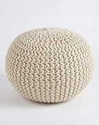 Palisa Round Ottoman Pouf Handmade Cotton Knitted Poof Bean Bag Filling (Ivory, 20" D x 20" W x 14" H)