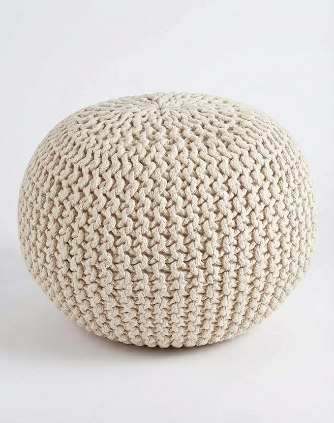 Palisa Round Ottoman Pouf Handmade Cotton Knitted Poof Bean Bag Filling (Ivory, 20" D x 20" W x 14" H)