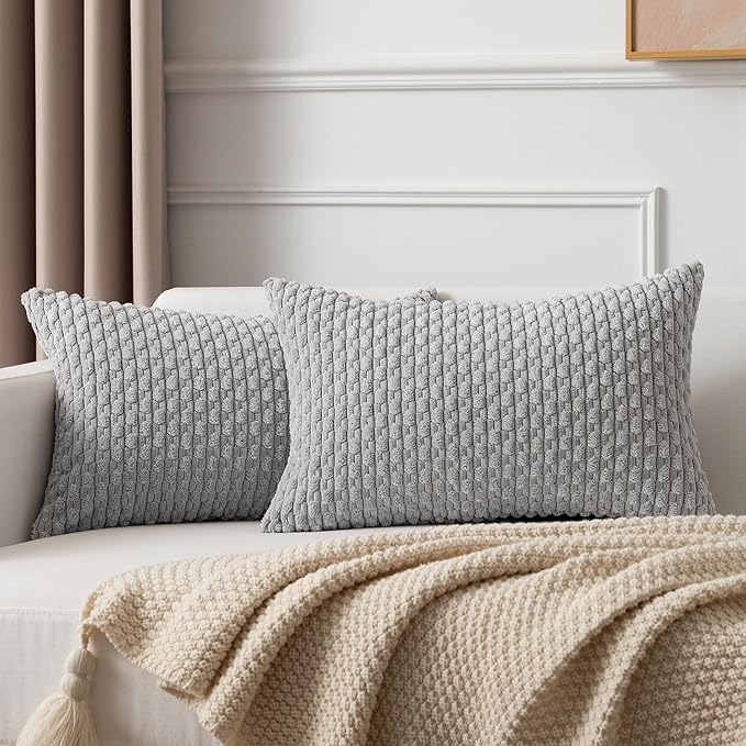 Kevin Textile 14x24 Inch Pillow Cover 1 Pack Boho Decorative Soft Striped Corduroy Lumbar Farmhouse Solid Color Accent Rectangle Cushion Case for Living Room Couch Sofa Bed, Light Grey