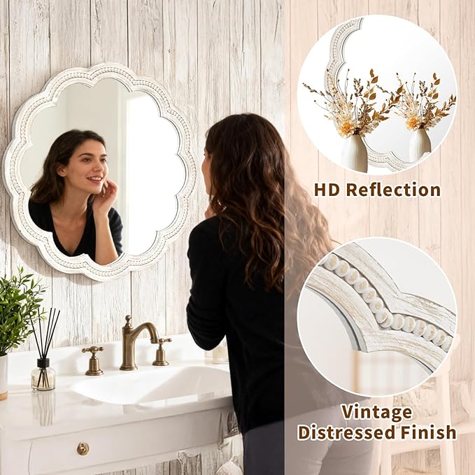 24 Inch Round Wall Mirror, Whitewashed Wooden Frame with Scalloped Edge & Beaded Trim, Decorative Farmhouse Boho Mirror for Bedroom, Bathroom, Living Room, Entryway