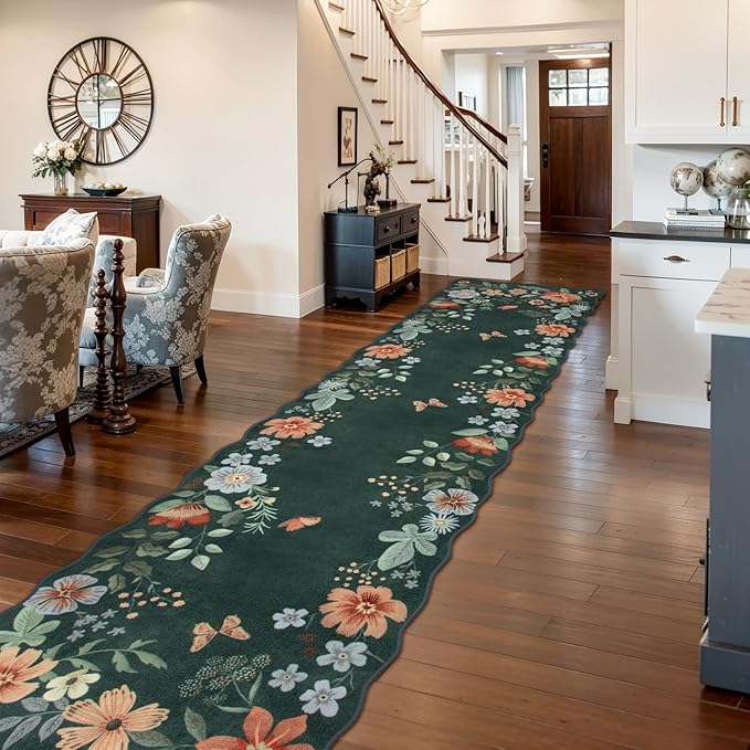Lahome Floral Hallway Runner Rug Non Slip, 2'6''x10' Washable Runner Rug Soft Ultra-Thin Soft Runners for Hallways, Kitchen Runners Carpet for Entryway Bathroom Flore (Dark Green)