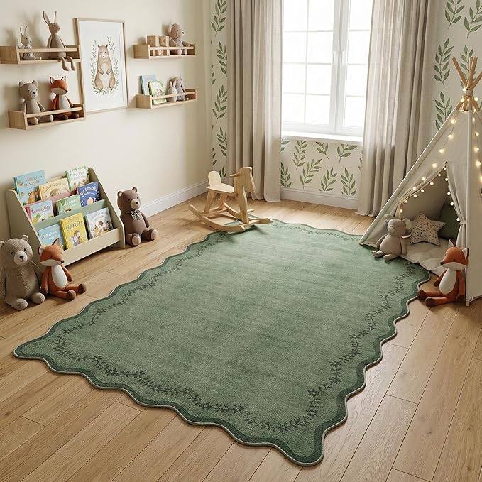 GarveeHome 4x6 Green Scalloped Washable Area Rug for Nursery Room, Solid Floral Soft Nursery Rug Non Slip Low Pile Small Carpet Stain Resistant Throw Rug for Dorm Kids Room Office Dining Room