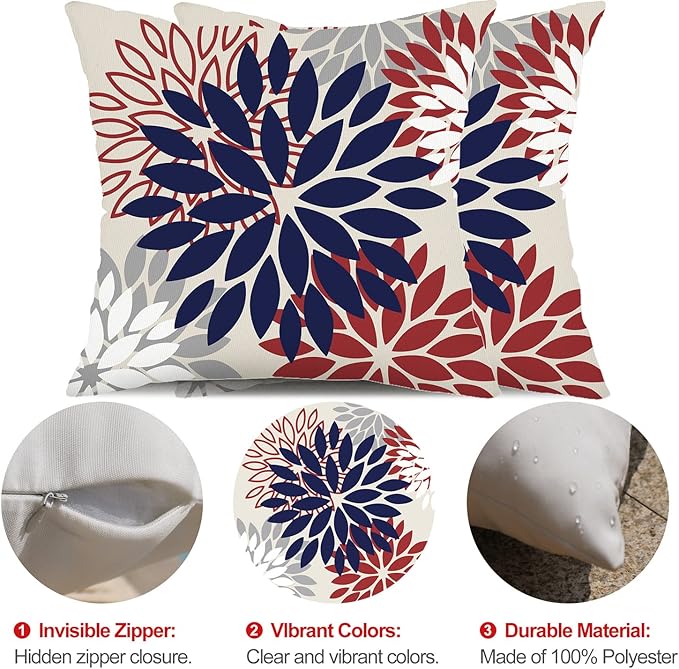 DFXSZ 4th of July Pillow Covers 16x16 Inch Set of 2 Patriotic Blue Red Floral Outdoor Waterproof Decorative Throw Pillows Polyester Pillow Covers Decor for Patio Funiture Garden Couch 002H16