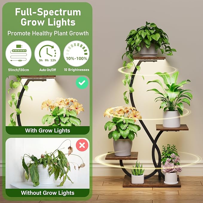 Plant Stand Indoor with Grow Lights - S-Shaped Plant Shelf, Lighted Corner Plant Stands for Indoor Growing, 32" Metal Flower Holder, 4 Tiered Decorative Shelves for Home, Hallway, Black