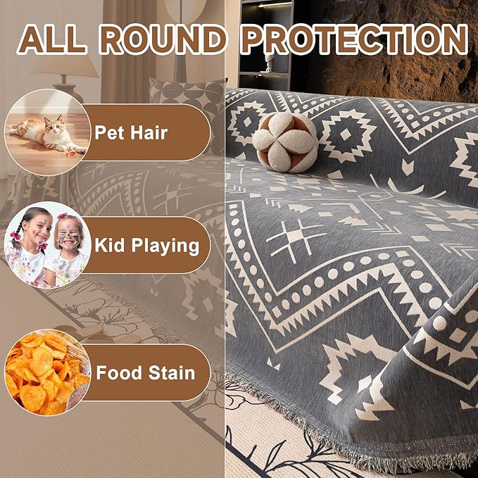 VClife Bohemian Tribal Sofa Cover Gray White Aztec Geometric Pattern Couch Cover for 3-4 Cushion Couch Sofa - Non Slip Sectional Slipcover Decorative Furniture Protector for Home Decor 71" X 150"