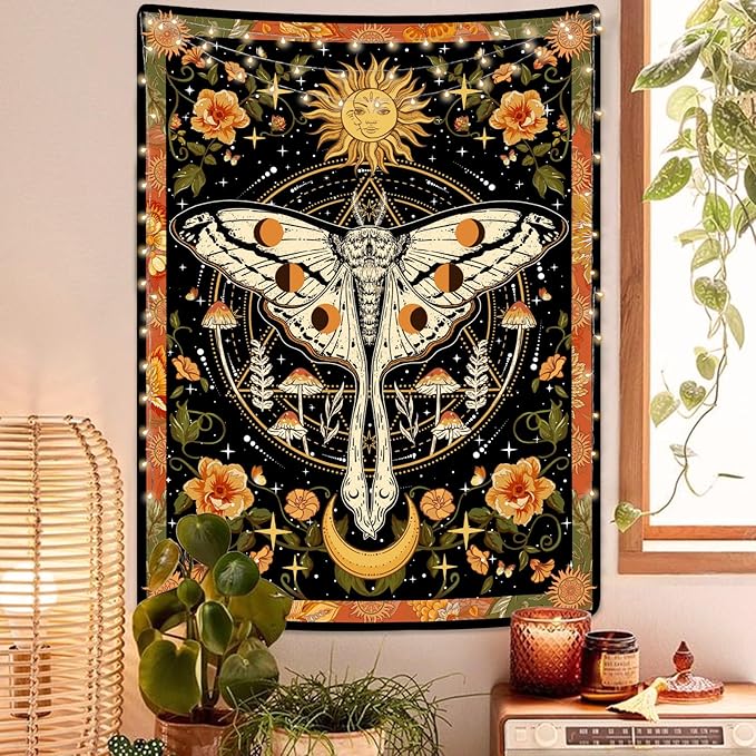 Aipon Orange Moth Tapestry Boho Retro Floral Flowers Tapestries Aesthetic Vintage Mushroom Tapestries Bedroom Indie Vertical Tapestry Wall Hanging for Living Room Dorm (60.00'' × 80.00'', Orange)
