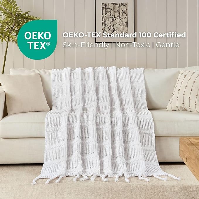 Boho Knitted Chenille Blanket with Tassels - Lightweight & Soft All-Season Throw - 3D Classic Pattern for Living Room Bedroom Couch, Cloud White, Twin 60"x80"