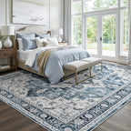 Lessymo 9×12 Area Rugs Washable for Living Room, Large Soft Indoor Rug Non-Slip for Bedroom Kitchen Dining Room Dorm Nursery, Vintage Boho Carpet Stain Resistant for Office Home Decor, Blue/White