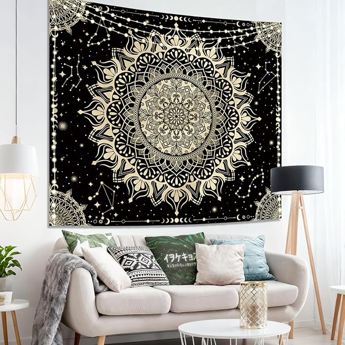 Apdidl Boho Black Mandala Tapestry for Bedroom Aesthetic, Hippie Decor Space Astrology Wall Art Ceiling Tapestries, Vintage Bohemian Indian Golden Blanket Wall Hangings for Living Room 51" X 60"