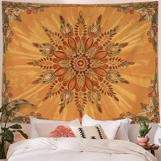 Accnicc Boho Floral Mandala Tapestry for Bedroom Bohemian Flower Wall Tapestry Aesthetic Extra Large Vintage Orange Hippie Indian Tapestries Wall Hanging for Living Room Dorm Decor 90 x 68 Inch