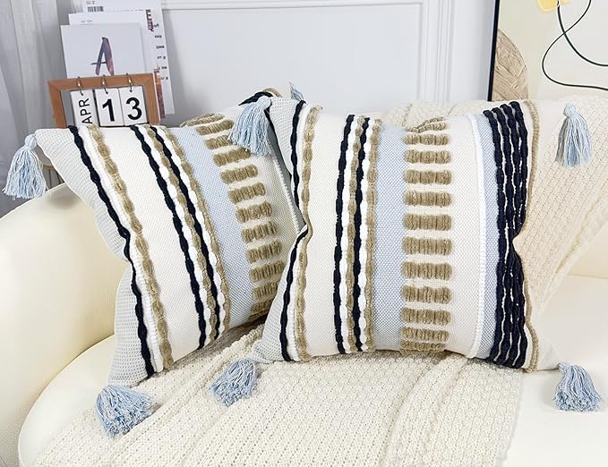 Boho Throw Pillow Covers 16x16 Aesthetic Neutral Boucle Couch Pillow Cover Rainbow Striped Decorative Accent Pillow Case for Couch Bed Sofa Farmhouse Bedroom,Modern Funky,Set of 2 Khaki