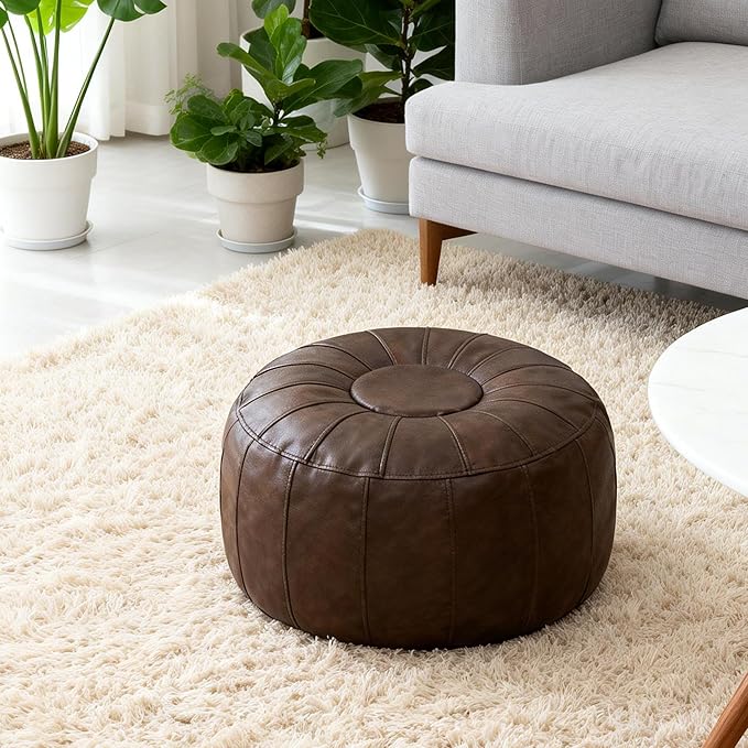 Thgonwid Unstuffed Moroccan Storage Pouf Foot Stool Ottoman Seat Handmade Faux Leather Bean Bag Floor Chair Foot Rest for Living Room, Bedroom or Balcony (Deep Coffee)