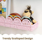 AELS Scalloped Nursery Bookshelf, Set of 4, Picture Ledge Shelf for Wall Decor, Woven Natural Fibre Floating Shelves for Books, Toys, Photo Frame, Nursery, Boho Modern Farmhouse Book Shelf, Pale Pink