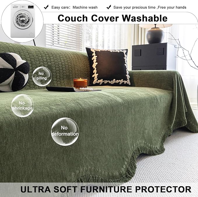 ROOMLIFE Green Couch Cover Sofa Covers, Chenille Couches Covers for 3 Cushion Sofas, Non Slip Soft Breathable Sofa Slipcovers for Pet, Washable Furniture Protector with Tassel,71''X134”