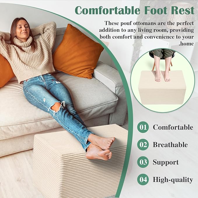 Rectangular Pouf Ottoman, Stuffed Floor Pouf with Foam Chunk Filling, Soft Coral Fleece Furry Foot Rest Stool, Multi-Use Ottoman for Living Room, Wide Stripe Boho Decor, Beige