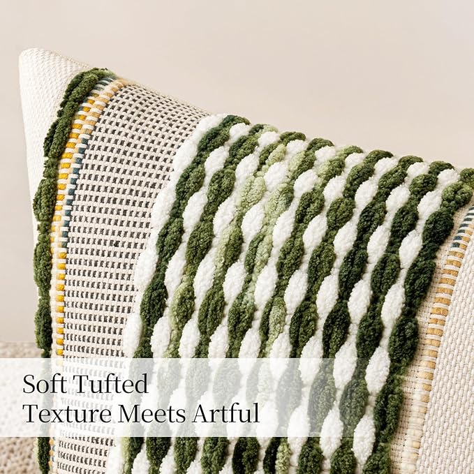 ANRODUO Pack of 2 Boho Decorative Throw Pillow Covers 26x26 Farmhouse Cushion Case Striped Chenille Pillow Cases Square Pillow Covers Accent Neutral Pillowcase for Sofa Couch Bed, Olive Green Stripe